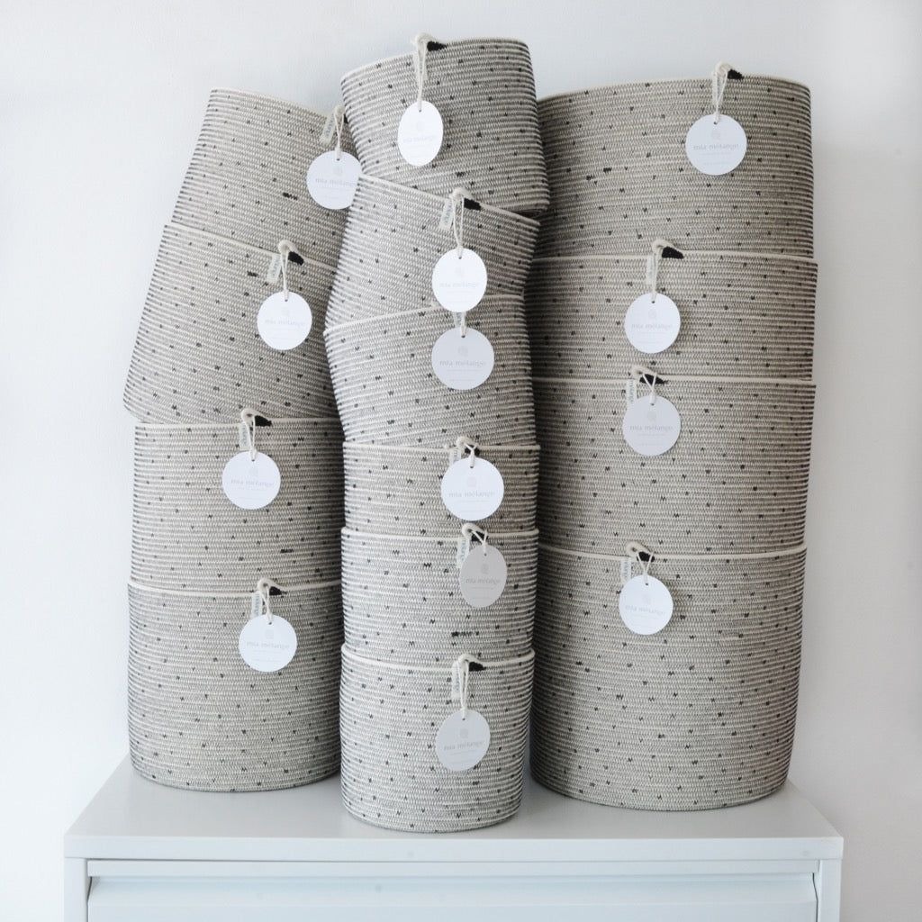 cylinder basket, black stitched polka dot