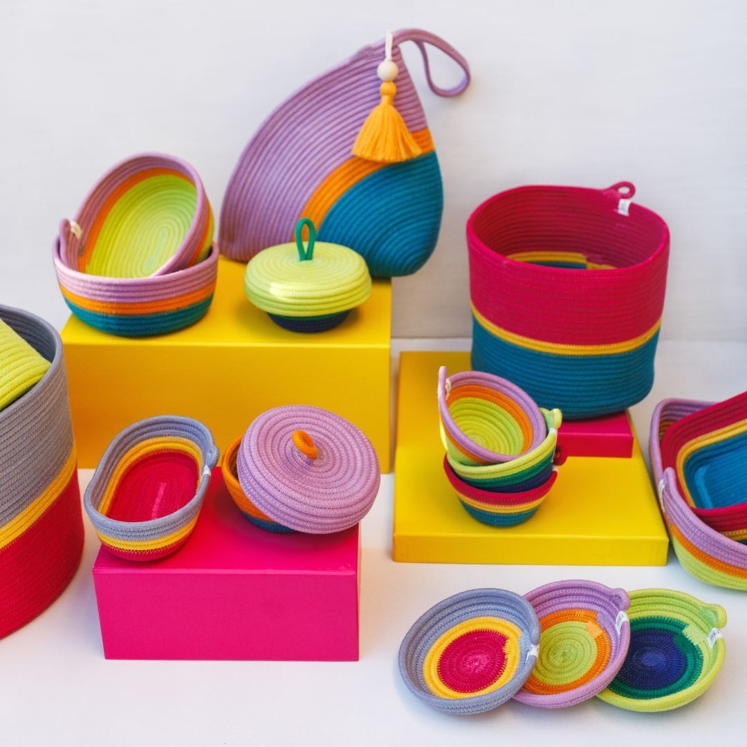 mia mélange | cesto cylinder tropical cor pistachio, mustard stripe & berry purple