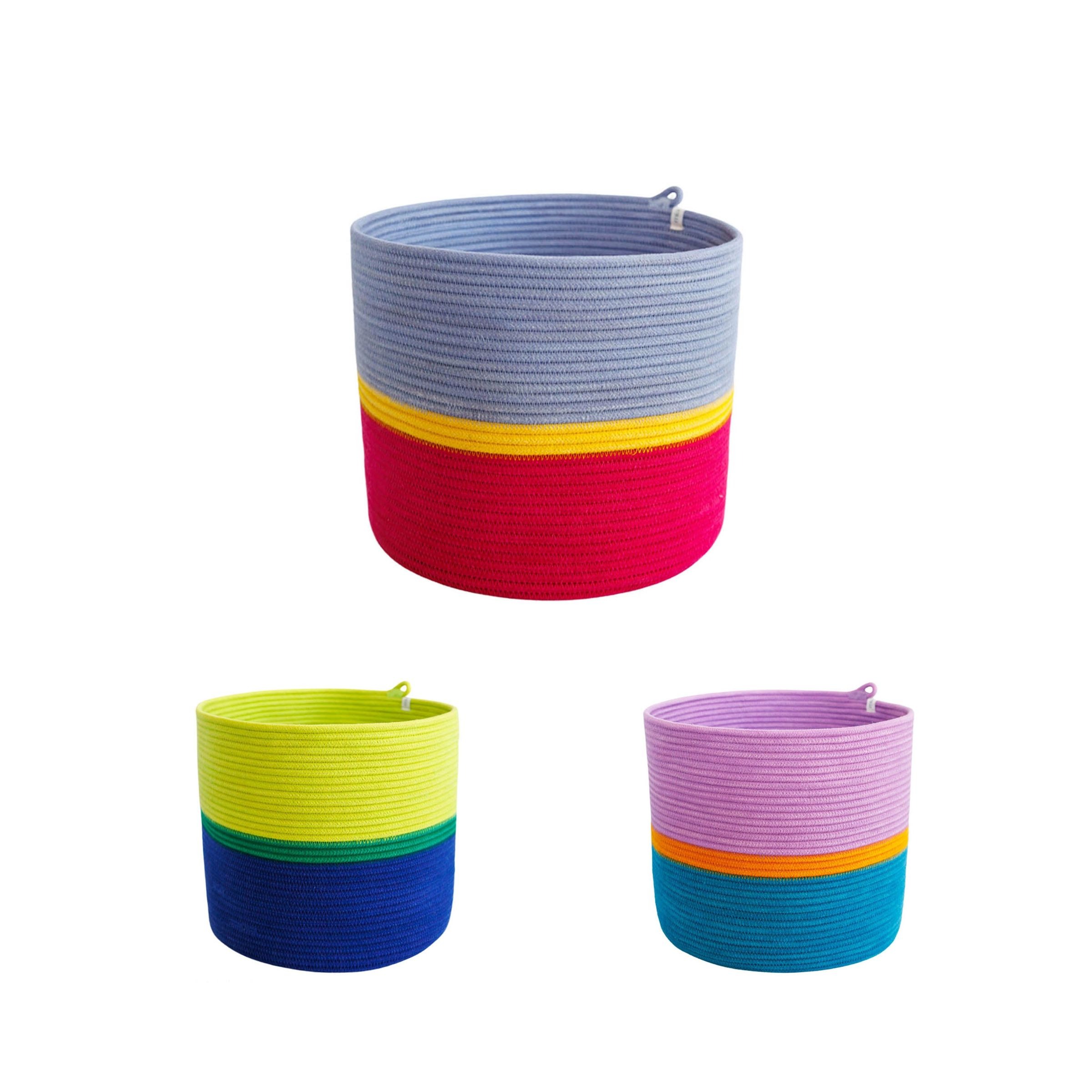 BSK104701160RL-1 mia mélange | cesto cylinder tropical large teal blue, mustard stripe & berry purple