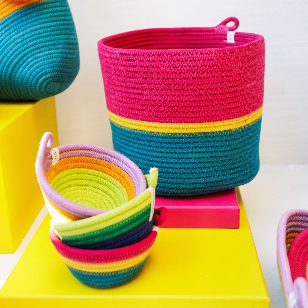 cylinder basket, tropical teal, yellow stripe & fuchia